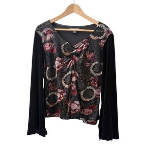 Y2K Vintage Ingredients Floral Burnout Velvet Bell Sleeve V-Neck Blouse XL